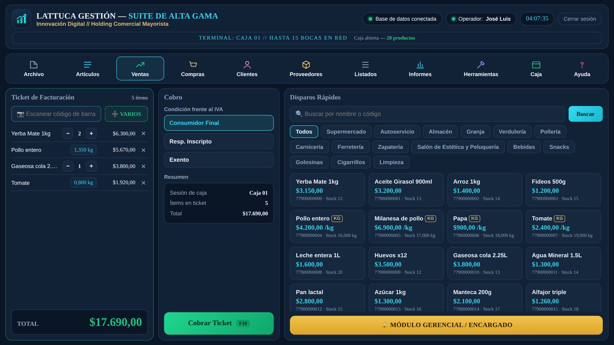 Pantalla de ventas de Lattuca Gestión con ticket, cobro y productos